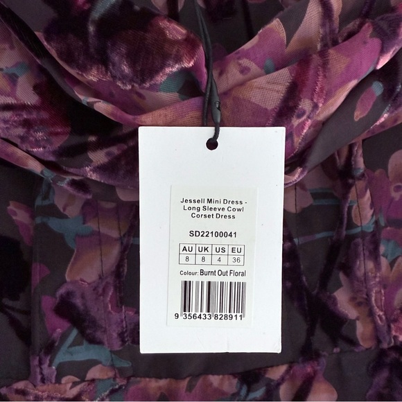 NWT SHOWPO Jessel Mini Dress Long Sleeve Cowl Corset in Burnt Out Floral 4 - Picture 15 of 16